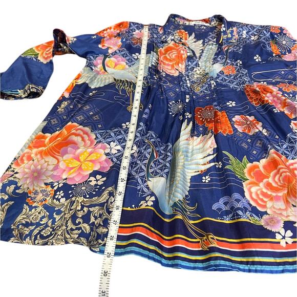 JOHNNY WAS Blue Pajaro Coddi 100% Silk Blue Floral Tunic Boho Top Women's LARGE - Picture 5 of 14